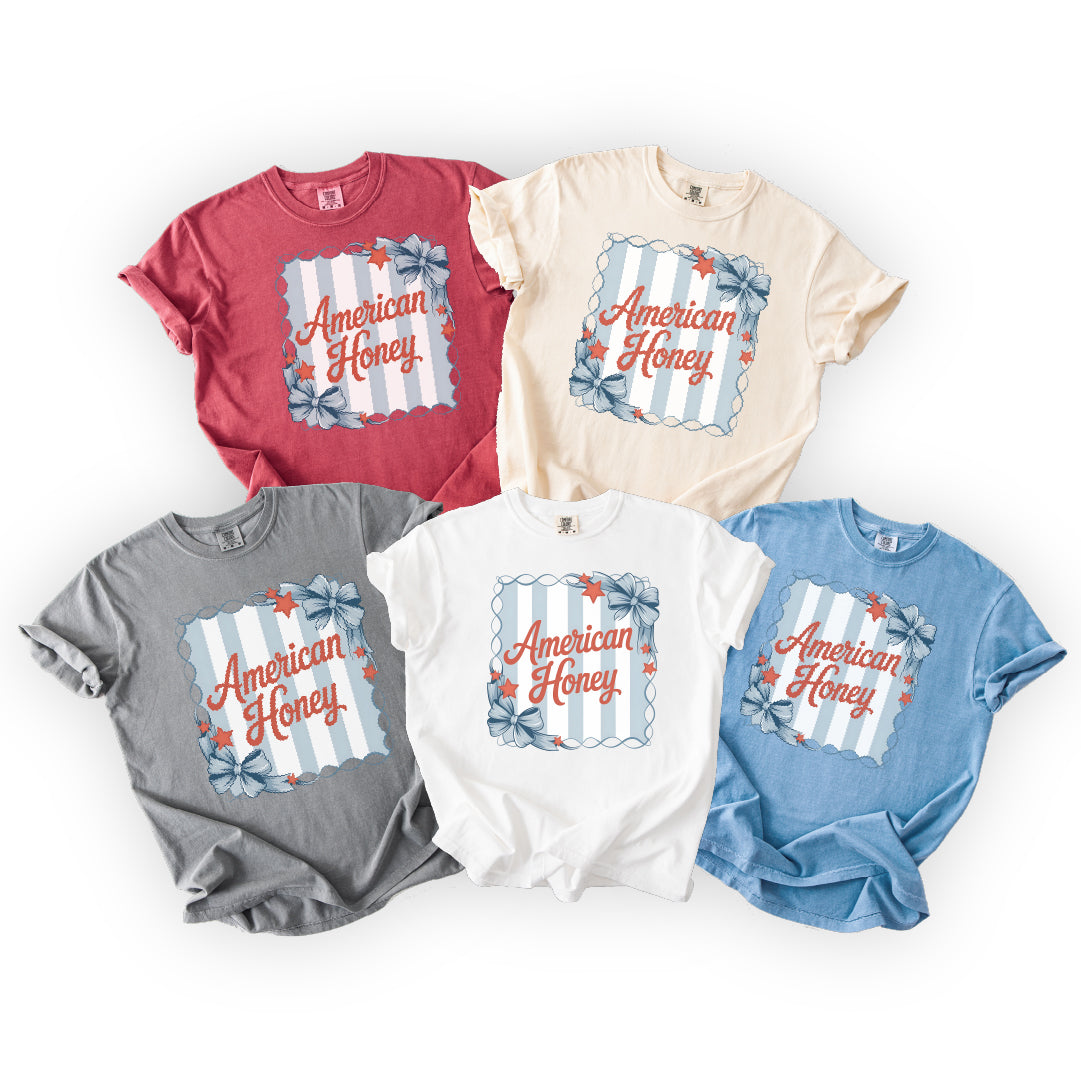 American Honey Shirt | Coquette 4th of July Tee | Comfort Colors Patriotic T-Shirt | Red White & Blue Bow Tee | Southern Summer Shirt