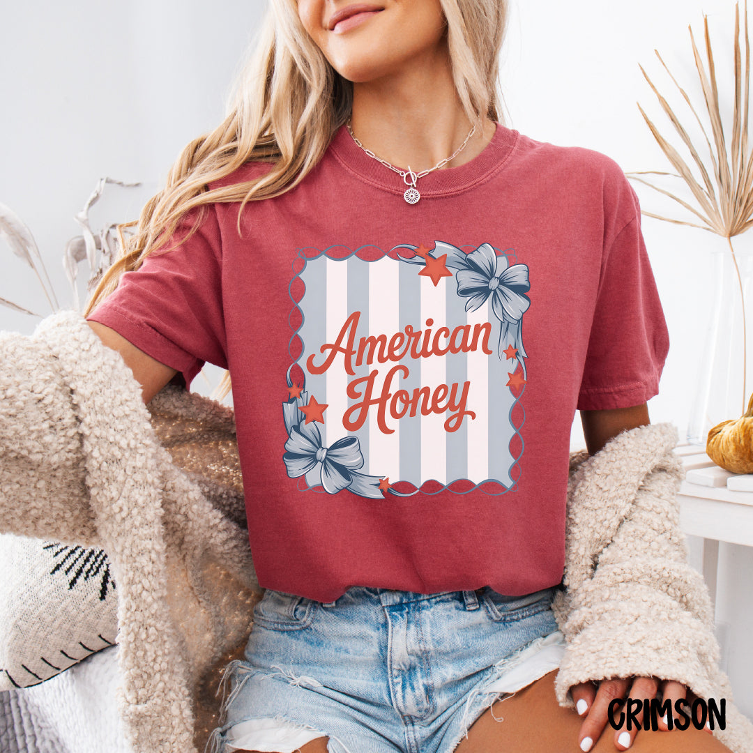 American Honey Shirt | Coquette 4th of July Tee | Comfort Colors Patriotic T-Shirt | Red White & Blue Bow Tee | Southern Summer Shirt