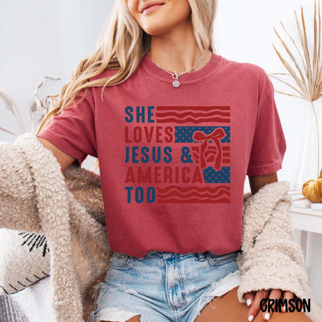 She Loves Jesus and America Too Shirt | Patriotic Comfort Colors Tee | Red White & Blue Bows | Christian 4th of July Shirt