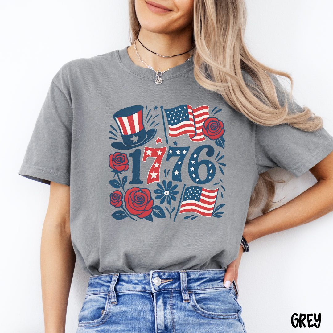 1776 Shirt | Coquette 4th of July Tee | Red White & Blue Roses & Flags | Patriotic Comfort Colors Shirt | Cute USA Summer Graphic Tee
