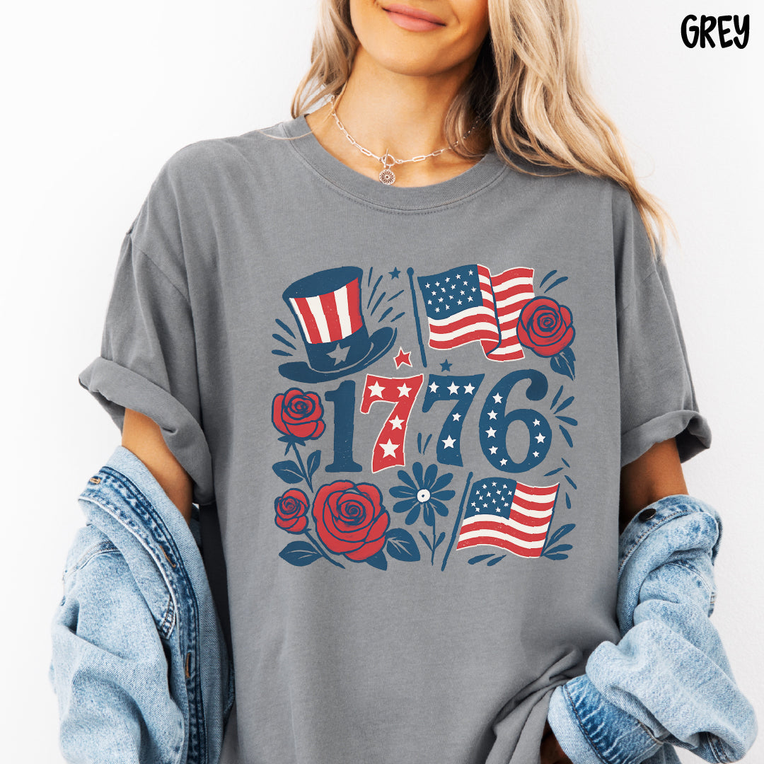 1776 Shirt | Coquette 4th of July Tee | Red White & Blue Roses & Flags | Patriotic Comfort Colors Shirt | Cute USA Summer Graphic Tee