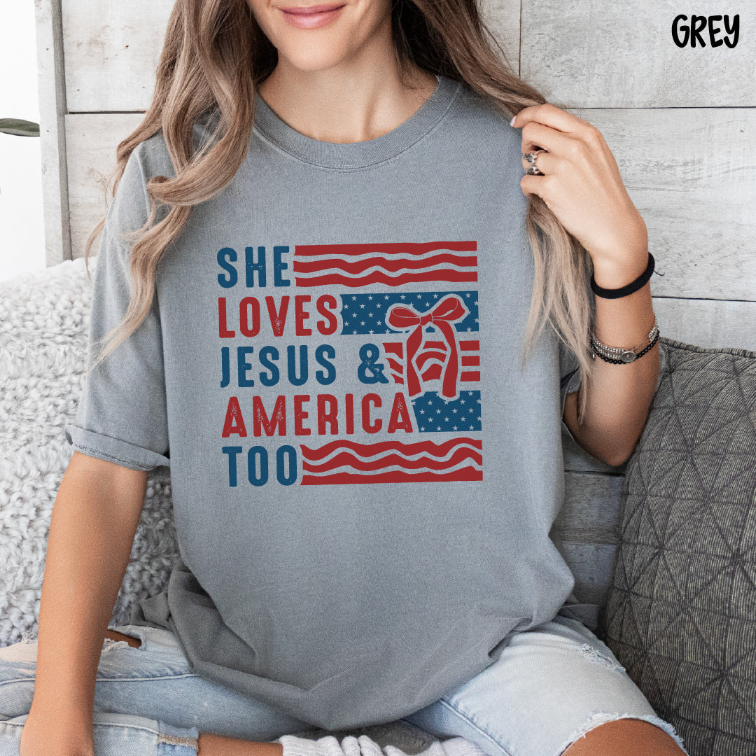 She Loves Jesus and America Too Shirt | Patriotic Comfort Colors Tee | Red White & Blue Bows | Christian 4th of July Shirt