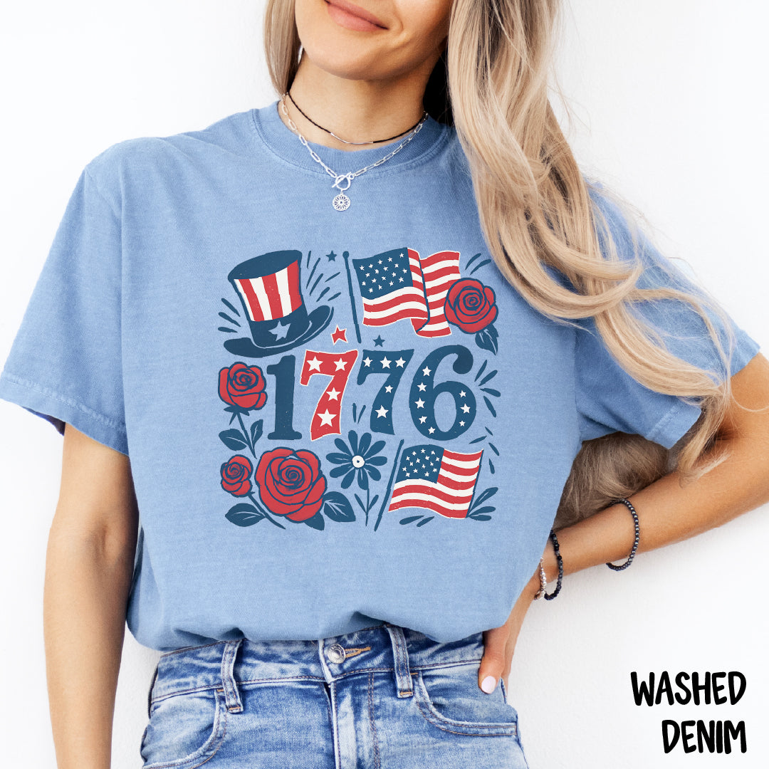 1776 Shirt | Coquette 4th of July Tee | Red White & Blue Roses & Flags | Patriotic Comfort Colors Shirt | Cute USA Summer Graphic Tee