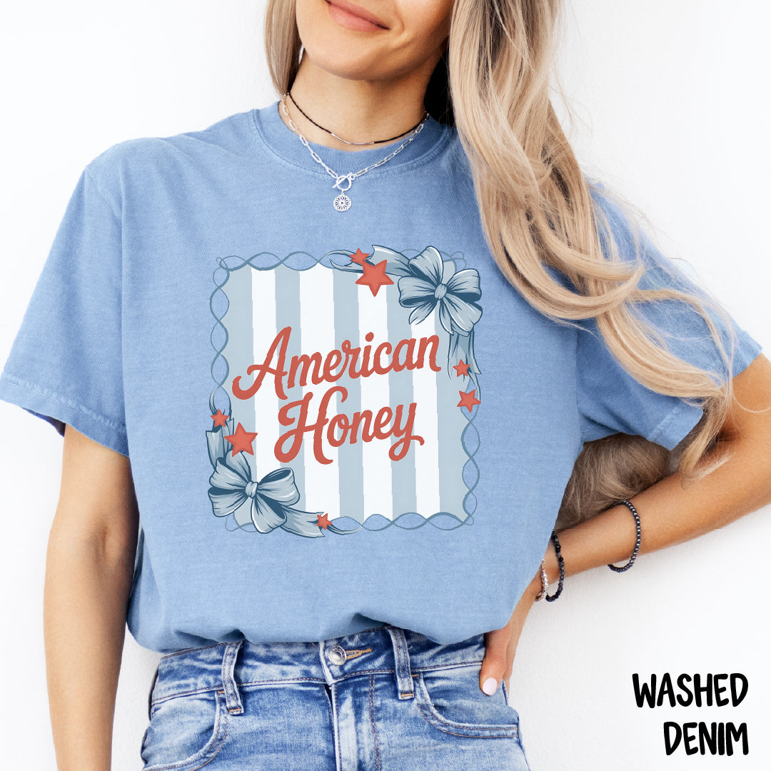 American Honey Shirt | Coquette 4th of July Tee | Comfort Colors Patriotic T-Shirt | Red White & Blue Bow Tee | Southern Summer Shirt