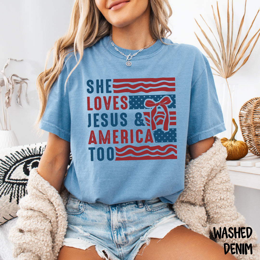 She Loves Jesus and America Too Shirt | Patriotic Comfort Colors Tee | Red White & Blue Bows | Christian 4th of July Shirt