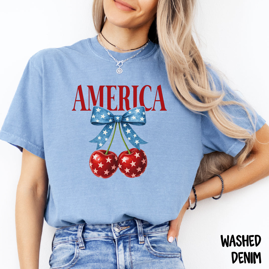 AMERICA Shirt | Coquette 4th of July Tee | Blue Star Bow with Cherries | Comfort Colors Patriotic Shirt | Cute USA Summer Shirt