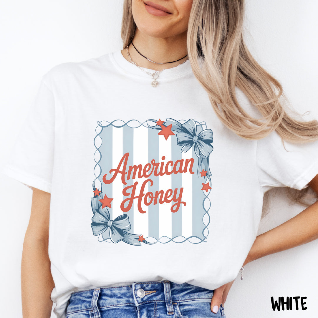 American Honey Shirt | Coquette 4th of July Tee | Comfort Colors Patriotic T-Shirt | Red White & Blue Bow Tee | Southern Summer Shirt