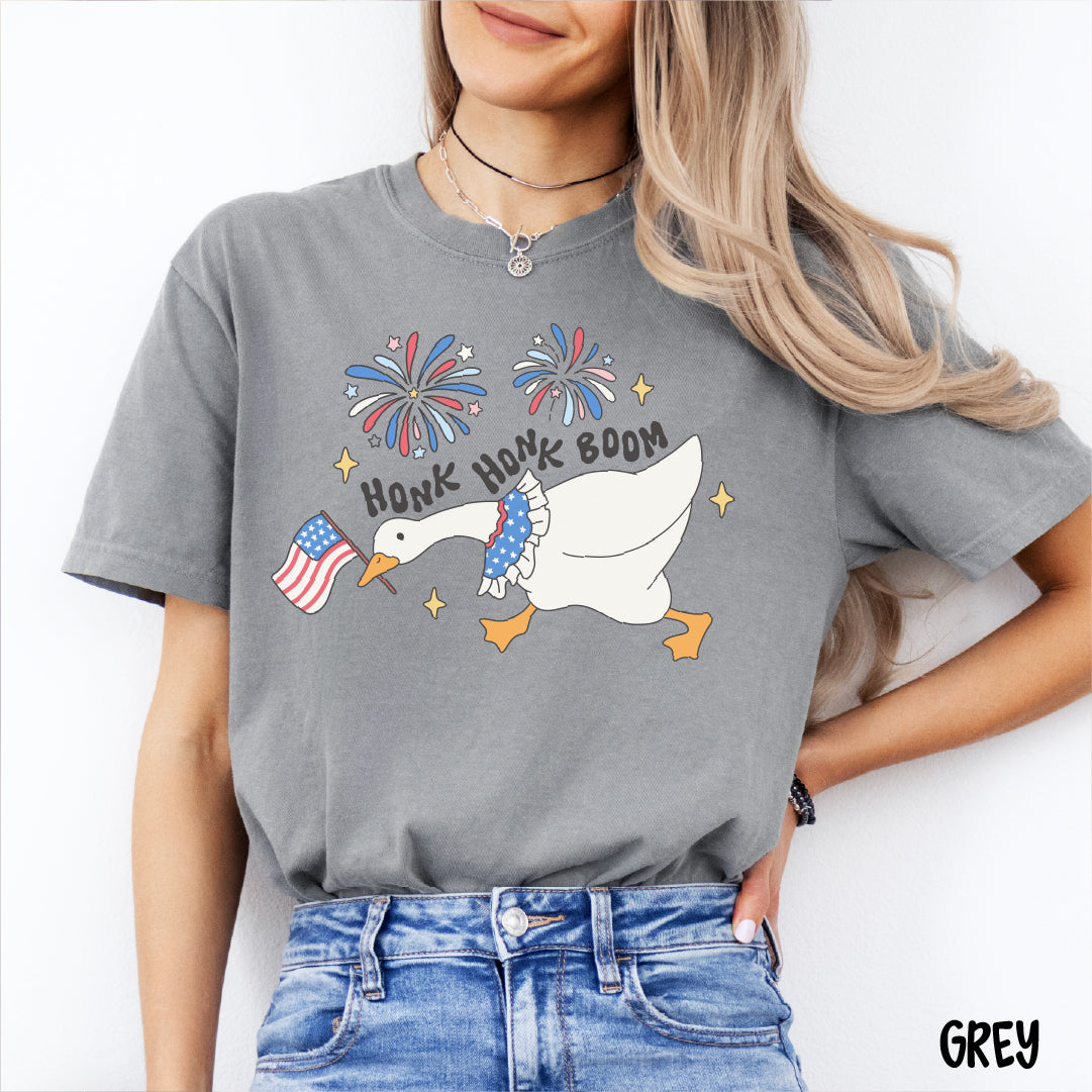 Silly goose July 4th shirt with American flag and fireworks – “Honk Honk Boom” patriotic t-shirt by Nashville Starlet