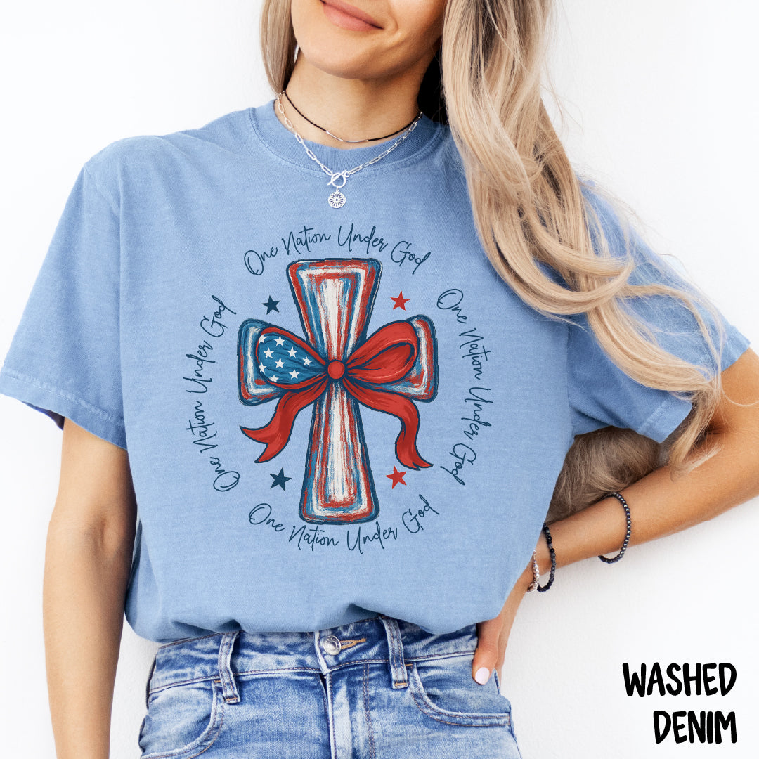 One Nation Under God Shirt | July 4th Christian Tee | Comfort Colors USA Cross Tee | Red White & Blue Faith Shirt | Patriotic Jesus Shirt