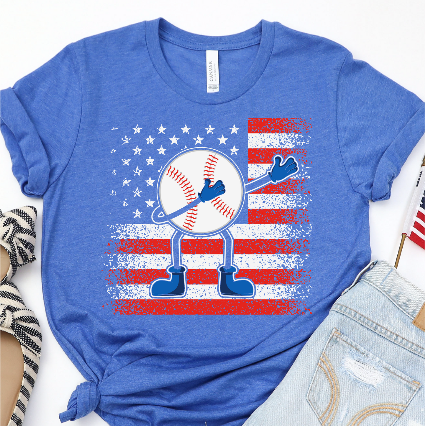 American Flag - Dancing Baseball - 4th of July Graphic Tshirt - Independence Day Shirt