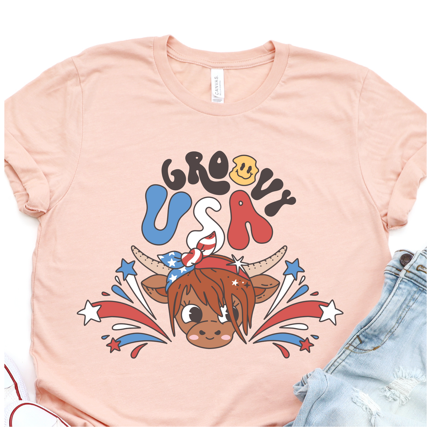 Groovy USA - Cute Cow - 4th of July Graphic Tshirt - Independence Day Shirt