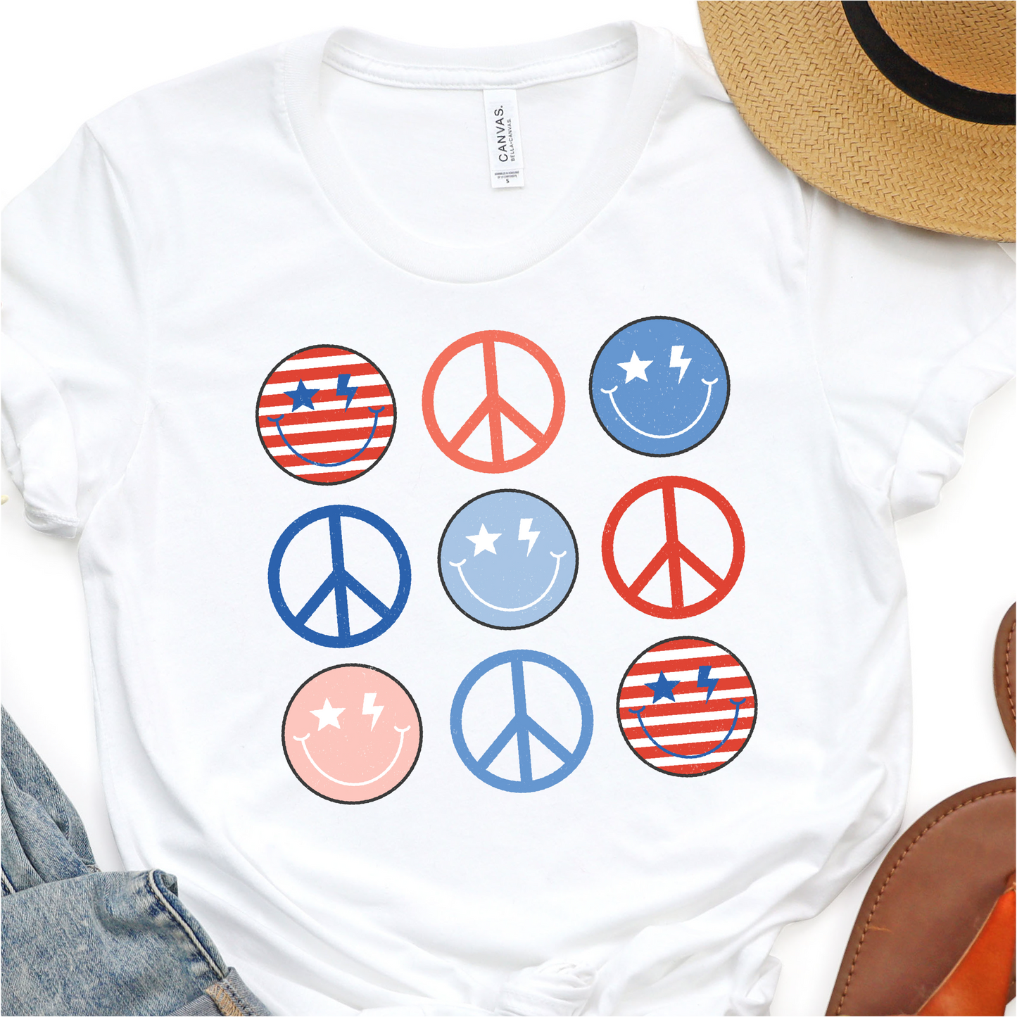 Retro Smiley Faces and Peace Signs - Red White and Blue - 4th of July Graphic Tshirt - Independence Day Shirt