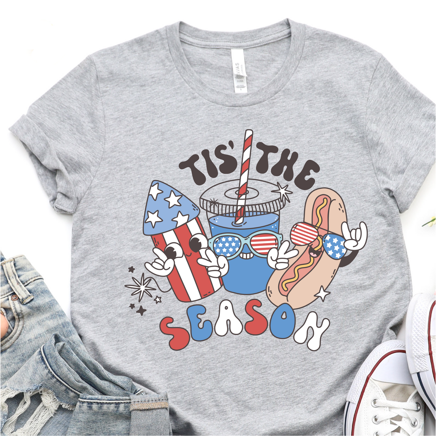 Tis The Season - Cute Hot Dog and Fireworks - 4th of July Graphic Tshirt - Independence Day Shirt