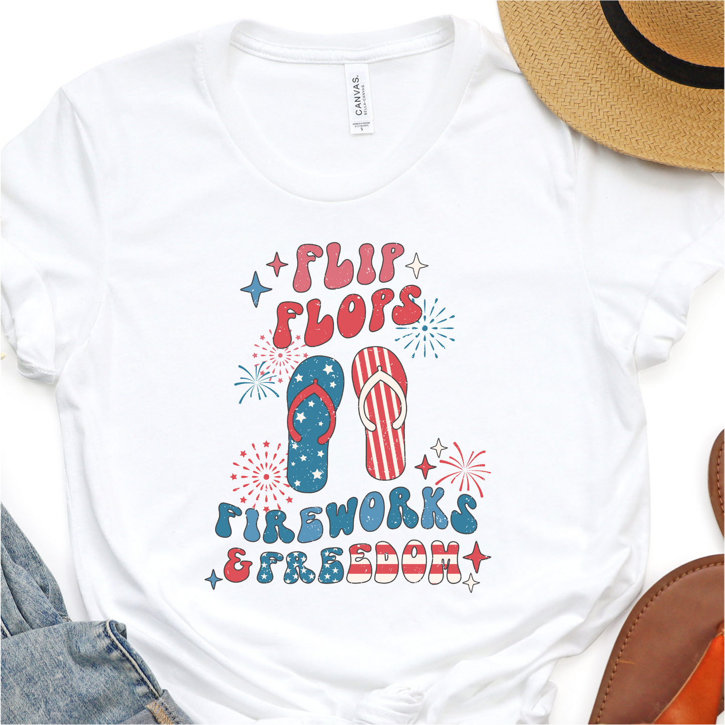 Flip Flops Fireworks & Freedom - 4th of July Graphic Tshirt - Independence Day Shirt