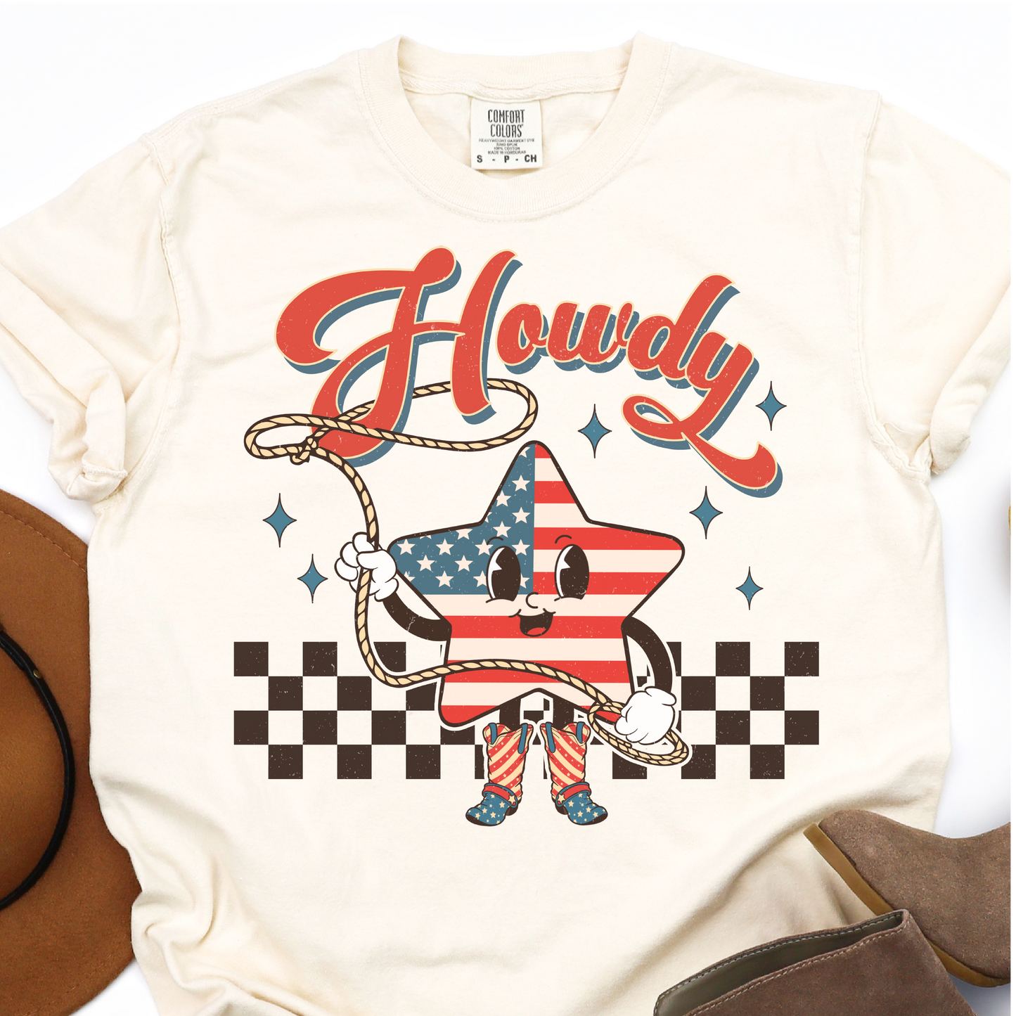 Howdy - Rodeo Start - American Flag - 4th of July Graphic Tshirt - Independence Day Shirt