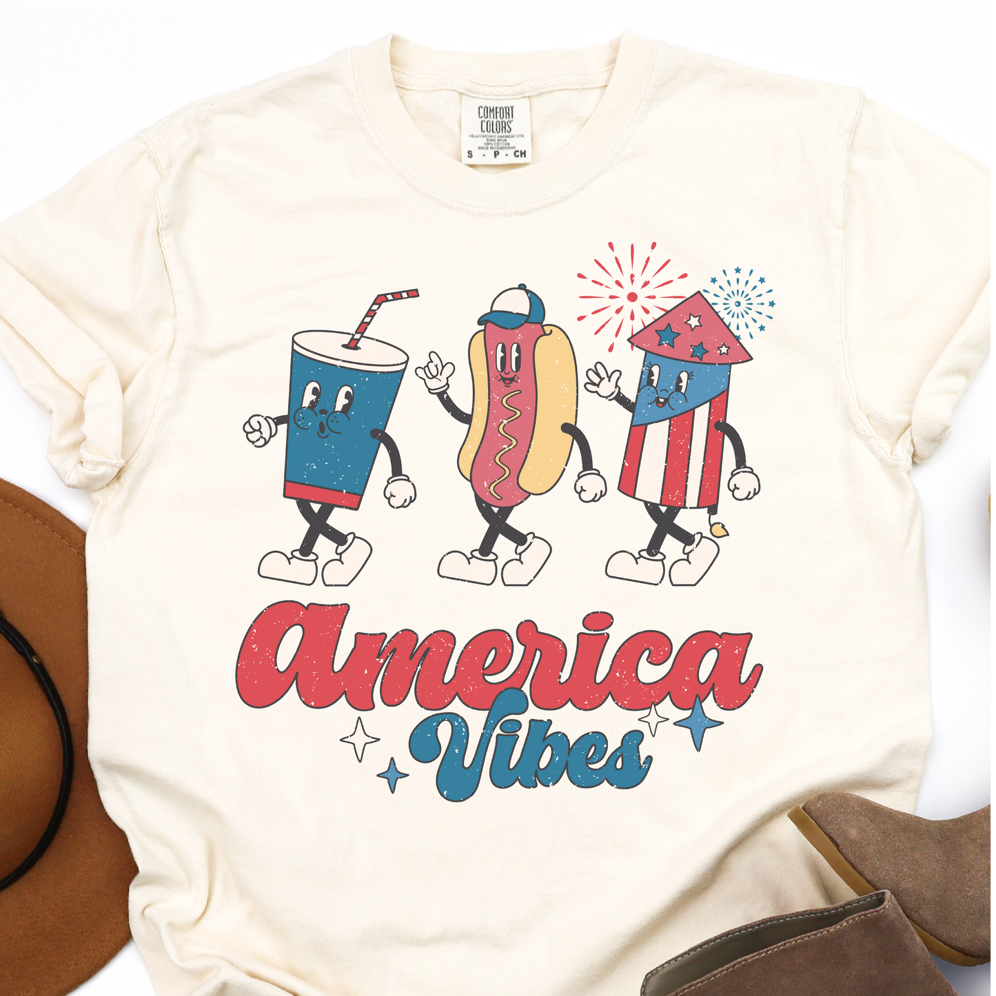 American Vibes - Cute Fireworks Hot Dogs and Soda - 4th of July Graphic Tshirt - Independence Day Shirt