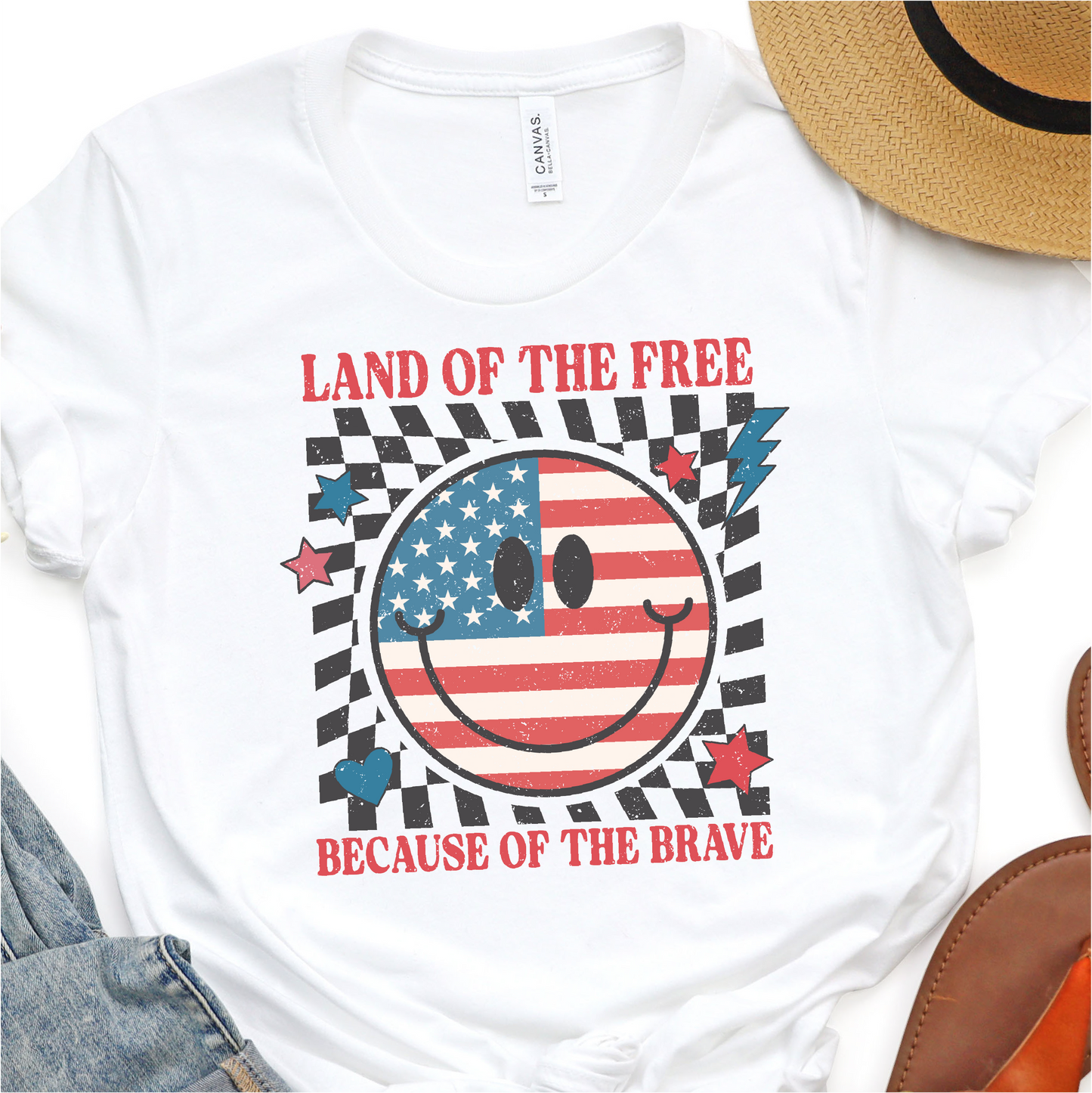 Land Of The Free Because Of The Brave - Retro Smiley - 4th of July Graphic Tshirt - Independence Day Shirt