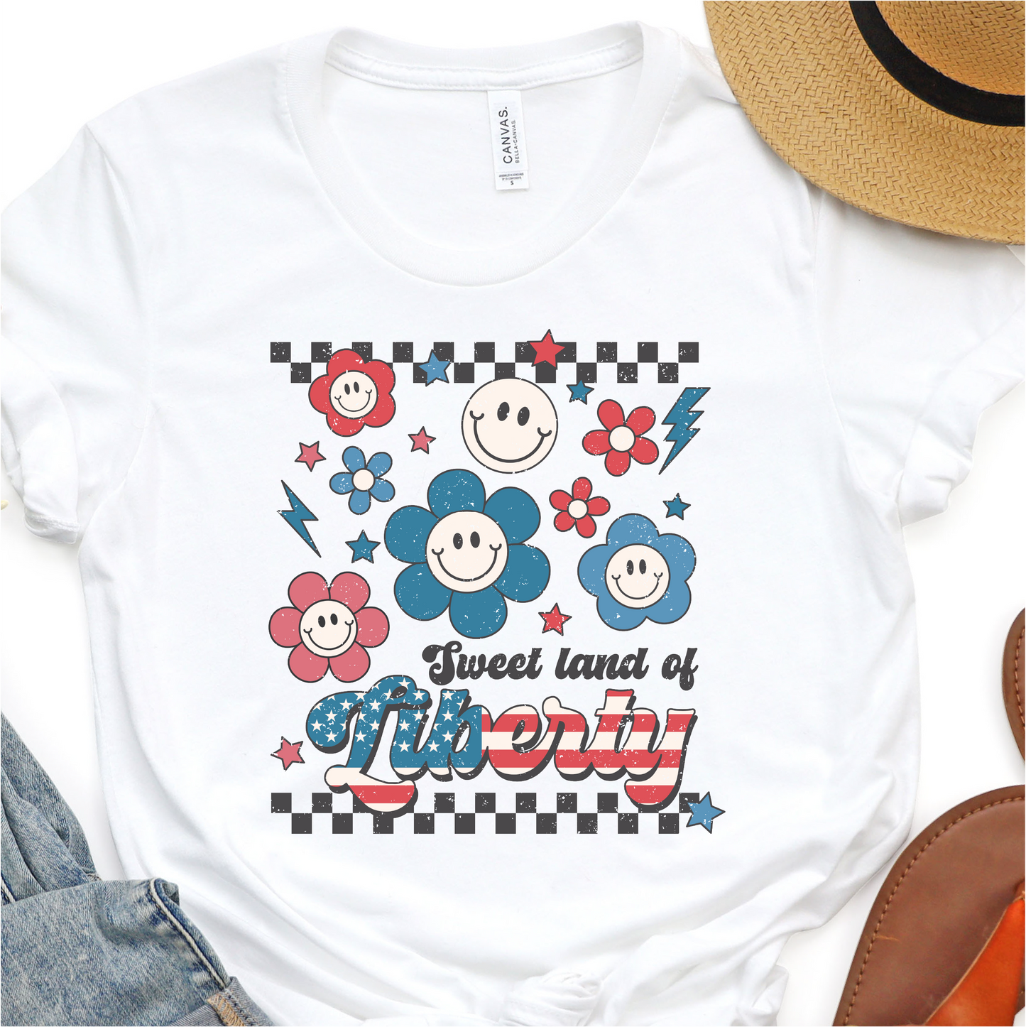 Retro Red White And Blue - Sweet Land Of Liberty - 4th of July Graphic Tshirt - Independence Day Shirt