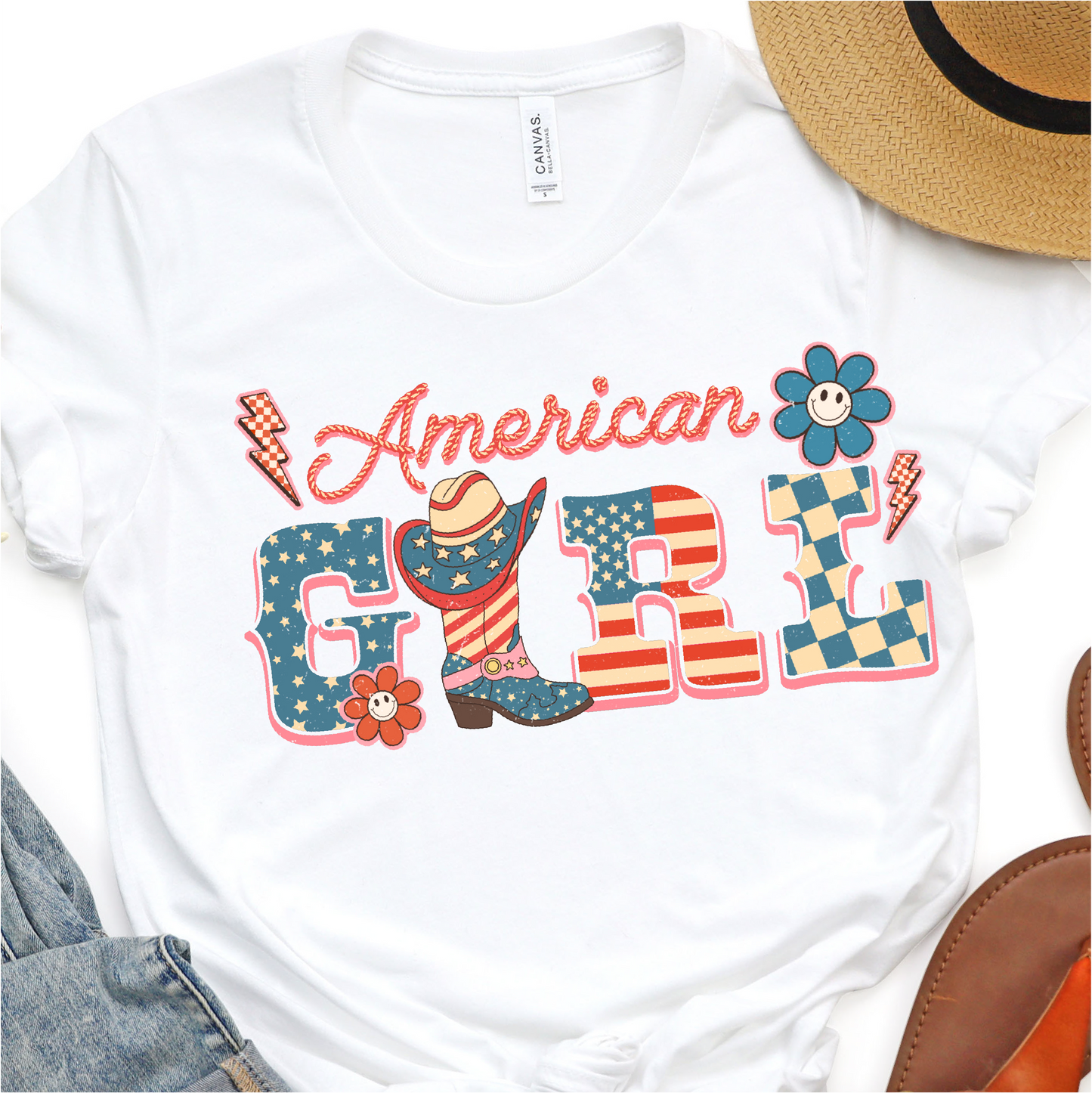 American Girl - Cowboy Boots - 4th of July Graphic Tshirt - Independence Day Shirt