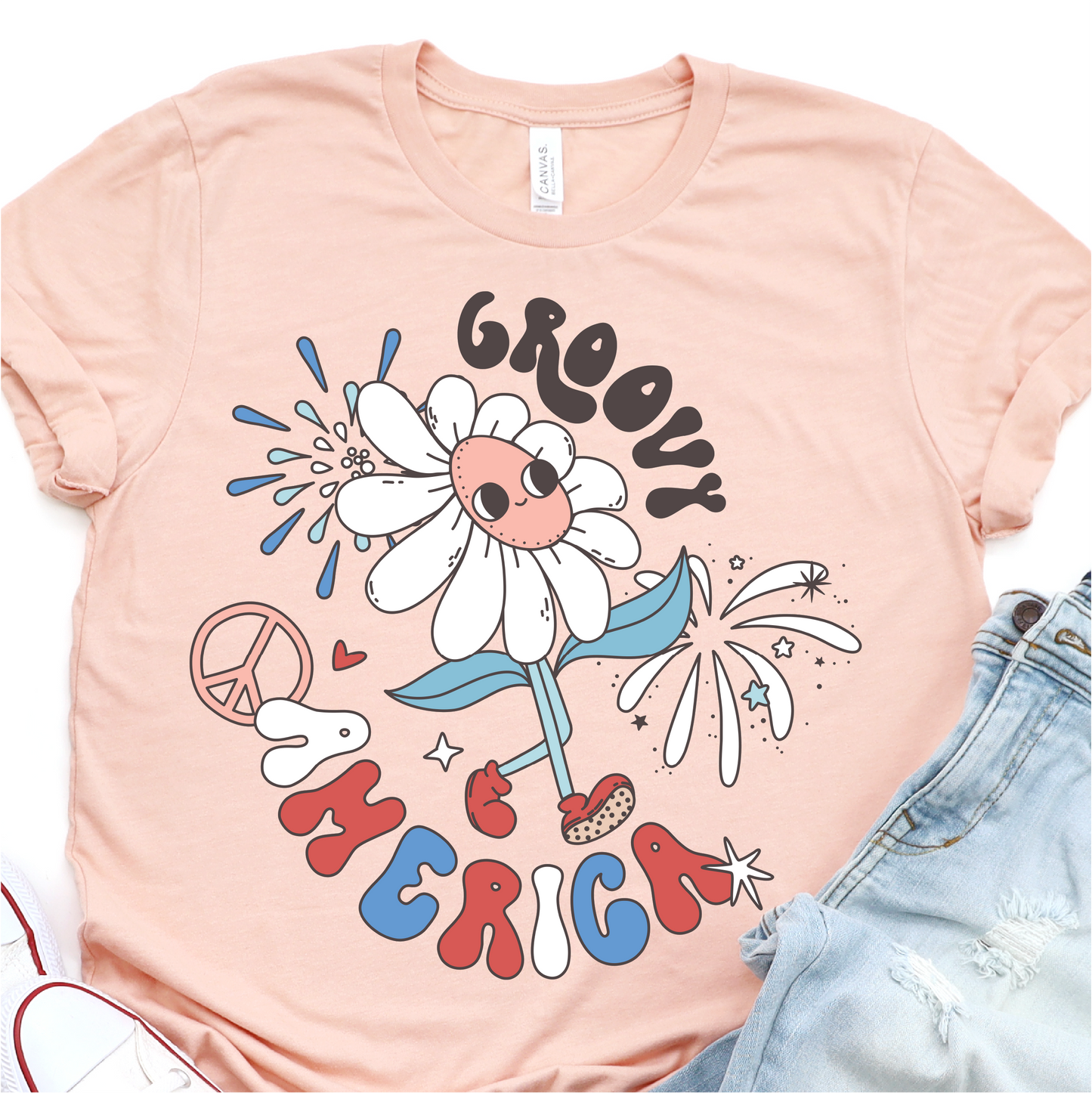 Groovy America - Refro Flower - 4th of July Graphic Tshirt - Independence Day Shirt