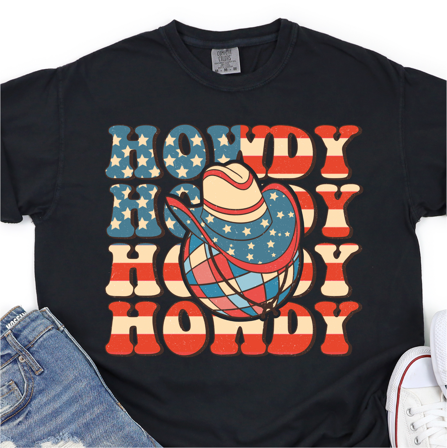 Howdy Howdy Howdy - American Flag - Cowboay Hat - 4th of July Graphic Tshirt - Independence Day Shirt