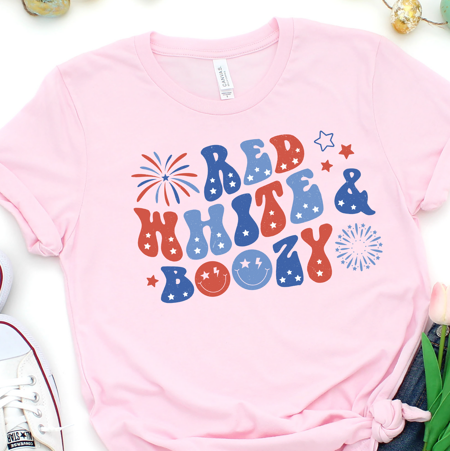 Red White and Boozy - Fireworks and Smiley Faces - 4th of July Graphic Tshirt - Independence Day Shirt