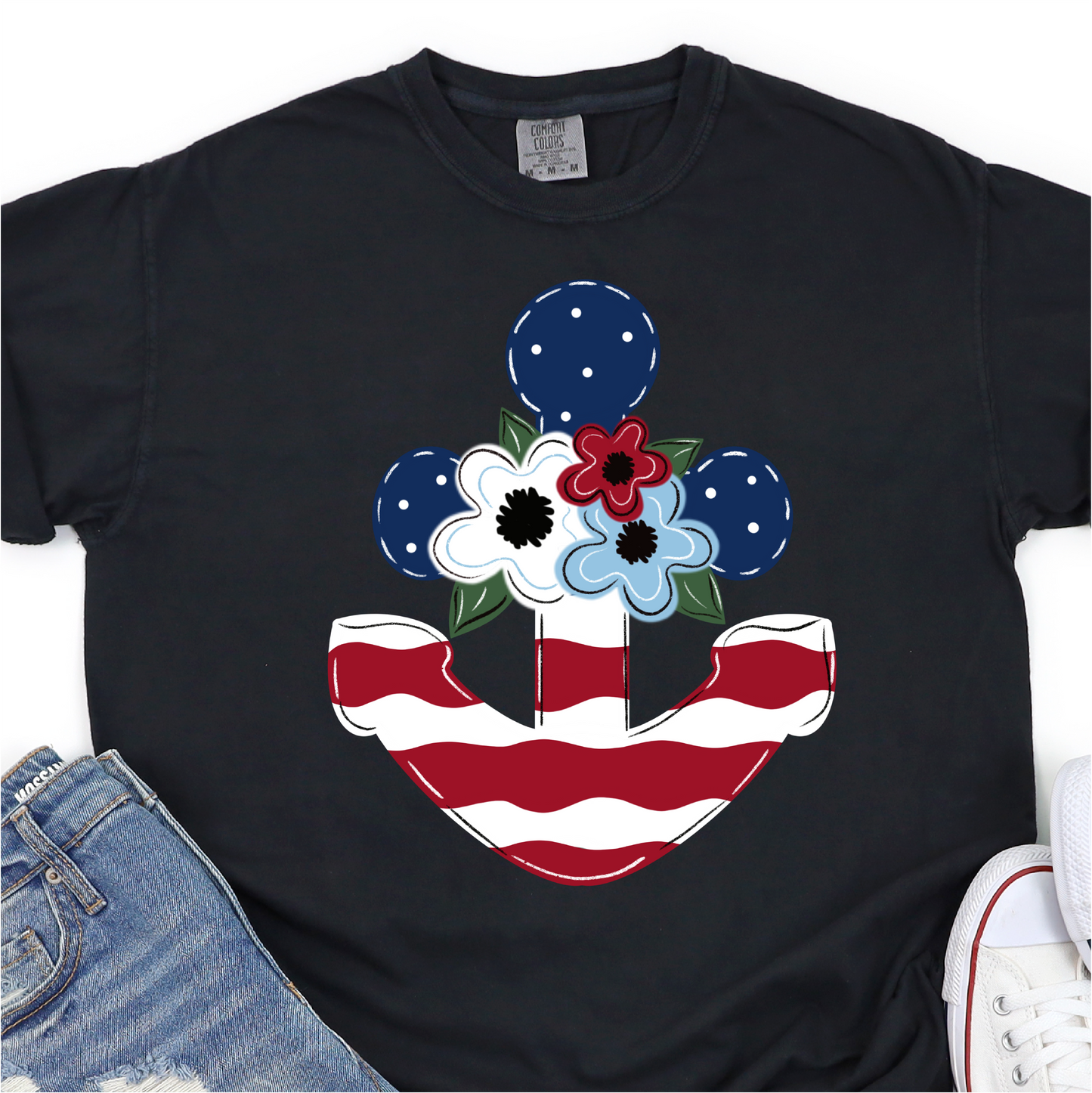 Hand Drawn Anchor - Stars and Stripes - 4th of July Graphic Tshirt - Independence Day Shirt
