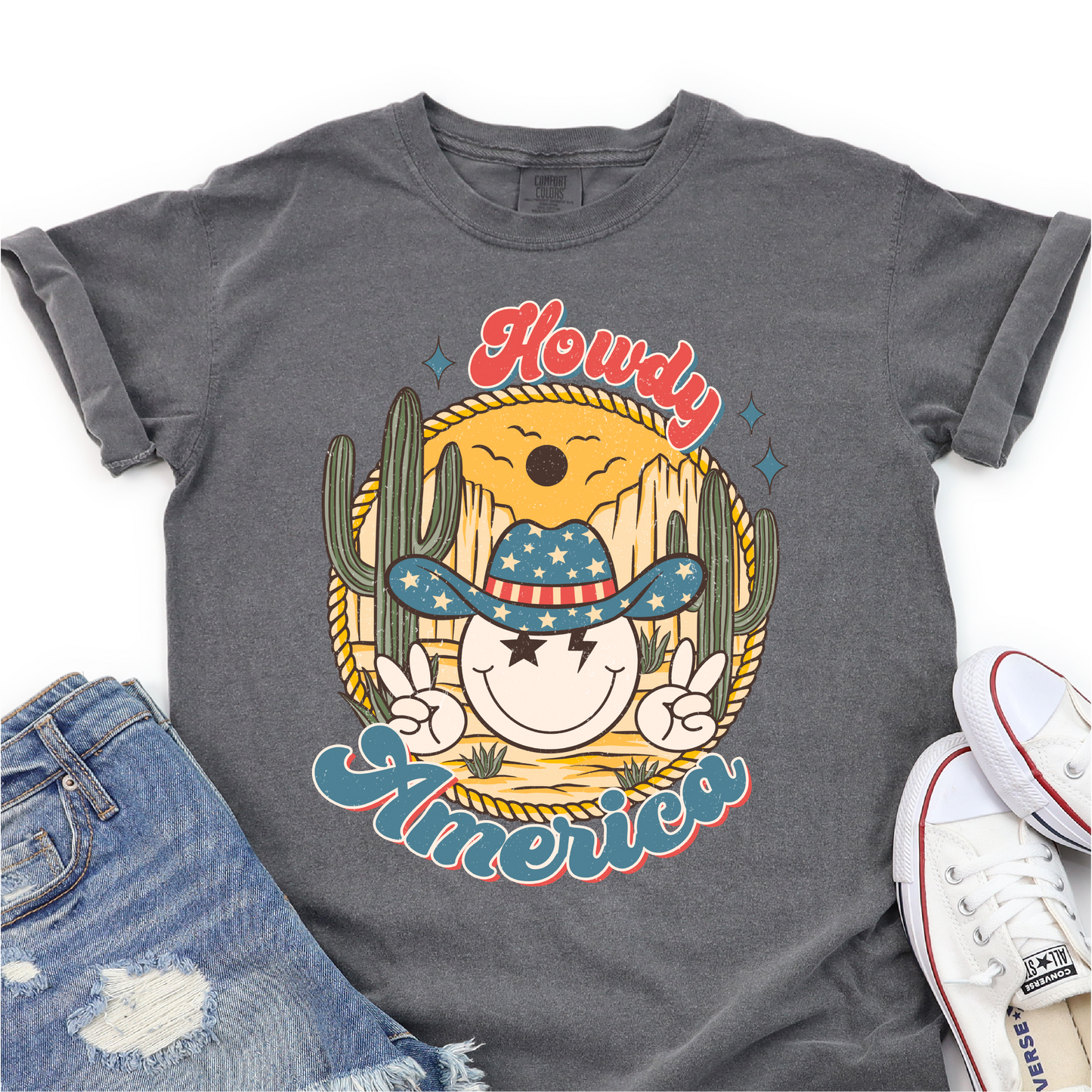 Howdy America - Smily Face - Western - 4th of July Graphic Tshirt - Independence Day Shirt
