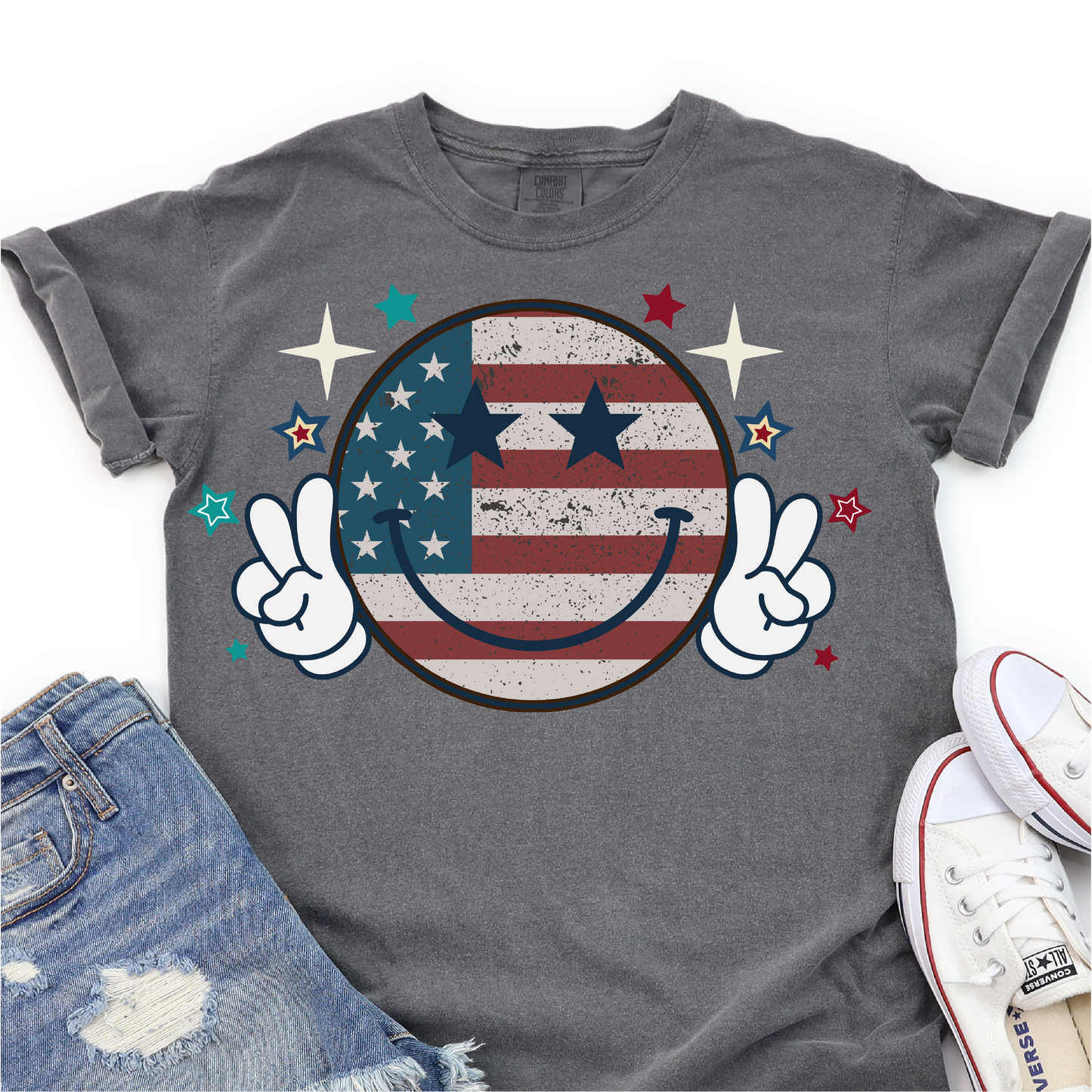 American Flag- Retro Smiley Face - Peace - 4th of July Graphic Tshirt - Independence Day Shirt