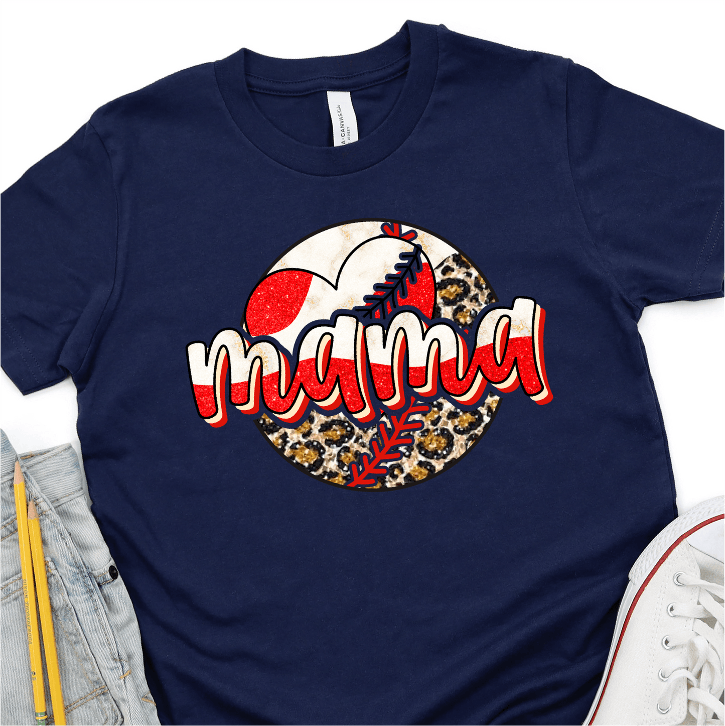 Red, White and Leopard Baseball Mama - Baseball DTF Transfer - Nashville Design House