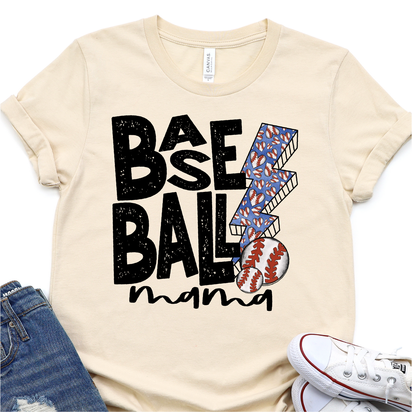 Hand Lettered Basbeball Mama - Retro Lightning Bolt - Baseball Graphic Tshirt