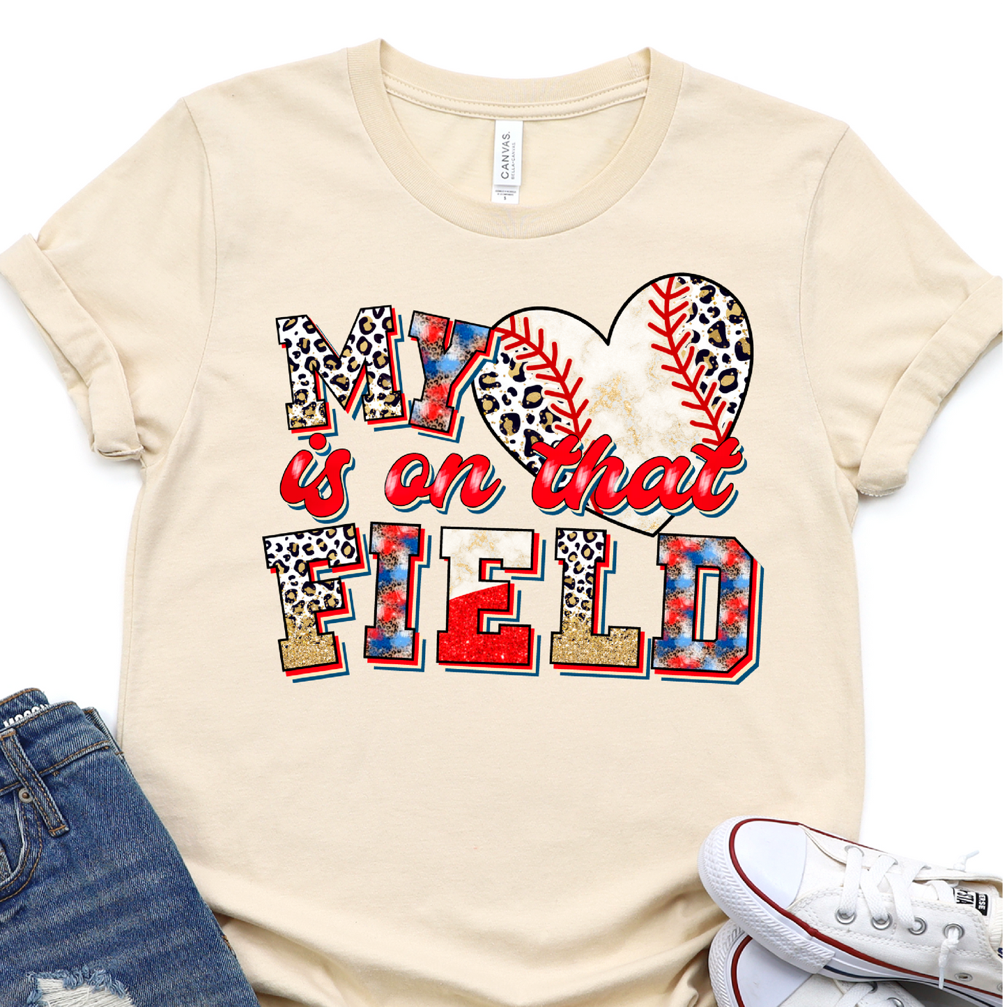 Red, White, Blue and Leopard - My Heart Is On That Field - Baseball Graphic Tshirt