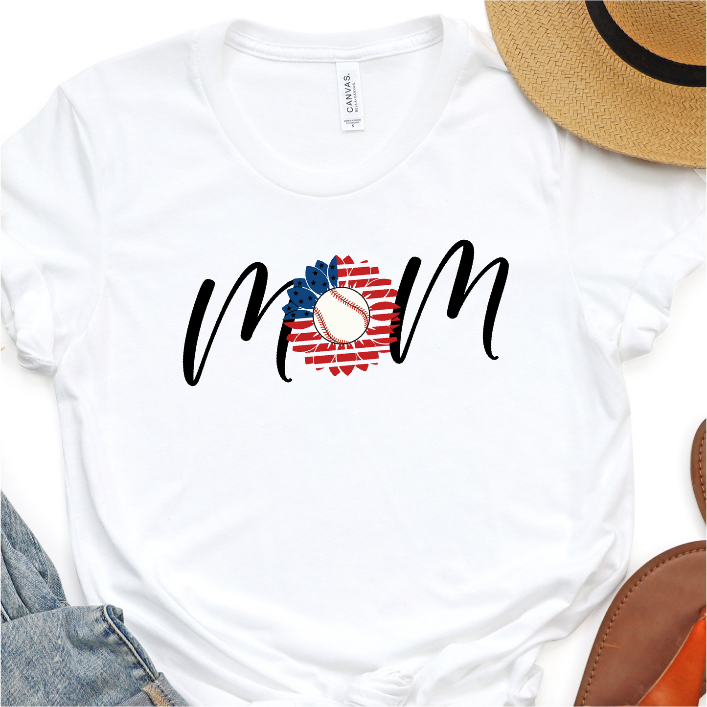 American Sunflower- Red, White, Blue Baseball Mom - Baseball Graphic Tshirt