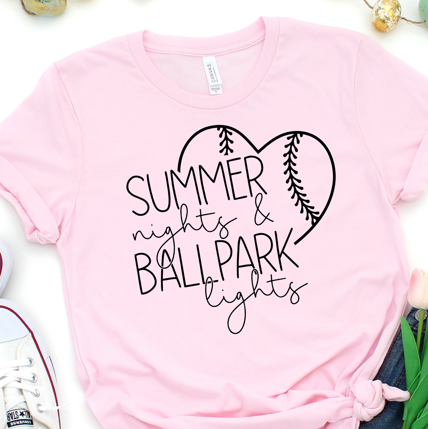 Classy Baseball Heart - Summer Nights And Ballpark Lights- Baseball Graphic Tshirt