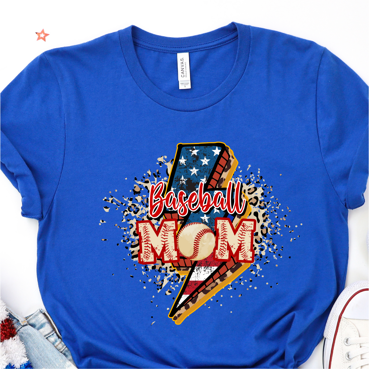Americana Lightning Bolt Leopard Baseball Mom - Baseball Graphic Tshirt
