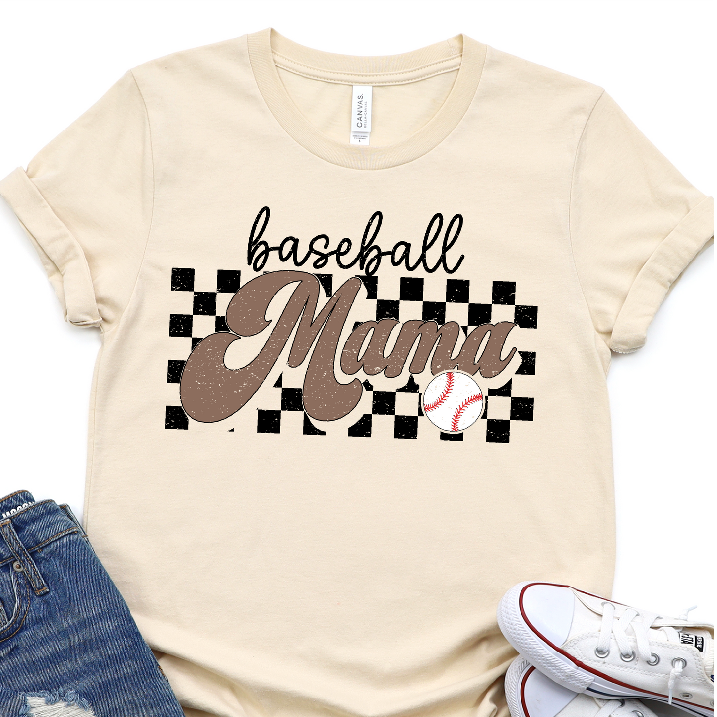 Retro Checkerboard- Baseball Mama - Baseball Graphic Tshirt