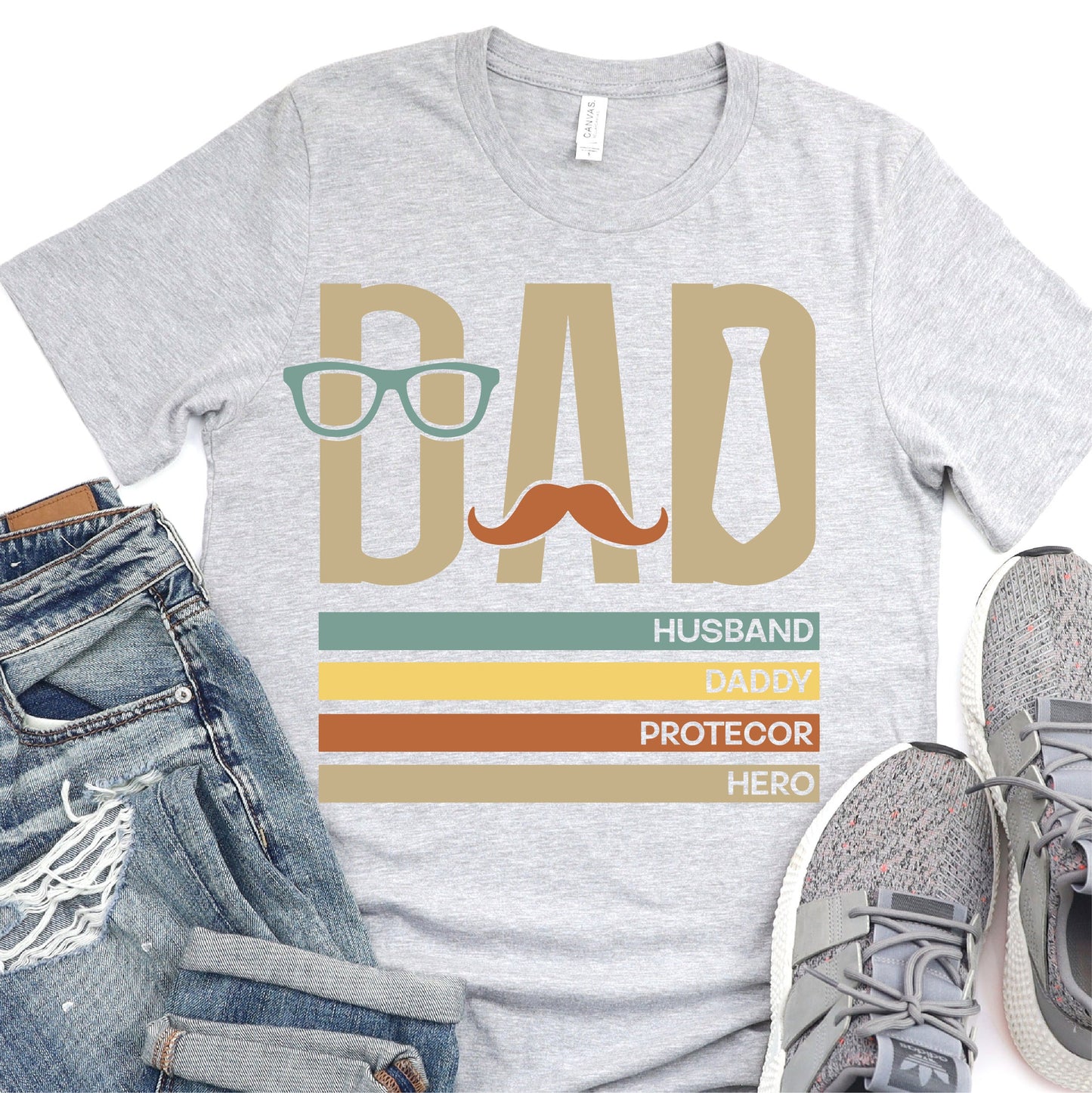 Dad, Husband, Father, Protector, Hero - Tie Mustache Glasses - Father's Day Graphic T-Shirt - T-shirt T-Shirt For Dad Nashville Design House