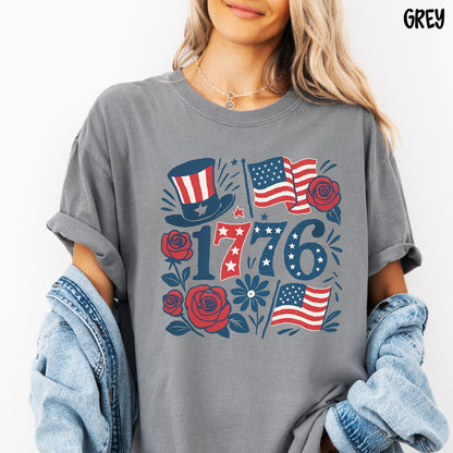 1776 Shirt | Coquette 4th of July Tee | Red White & Blue Roses & Flags | Patriotic Comfort Colors Shirt | Cute USA Summer Graphic Tee
