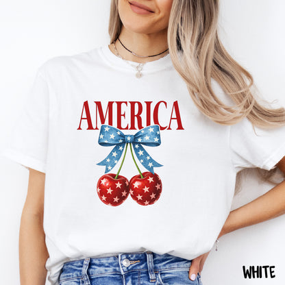 AMERICA Shirt | Coquette 4th of July Tee | Blue Star Bow with Cherries | Comfort Colors Patriotic Shirt | Cute USA Summer Shirt