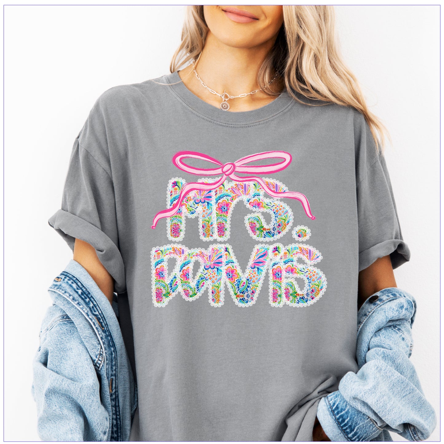 Personalized Preppy Lace Trim Shirt | Bright Preppy Alpha Shirt | Floral Alphabet | Custom Teacher Name Shirt | Summer Design | Cheer Mom Tee