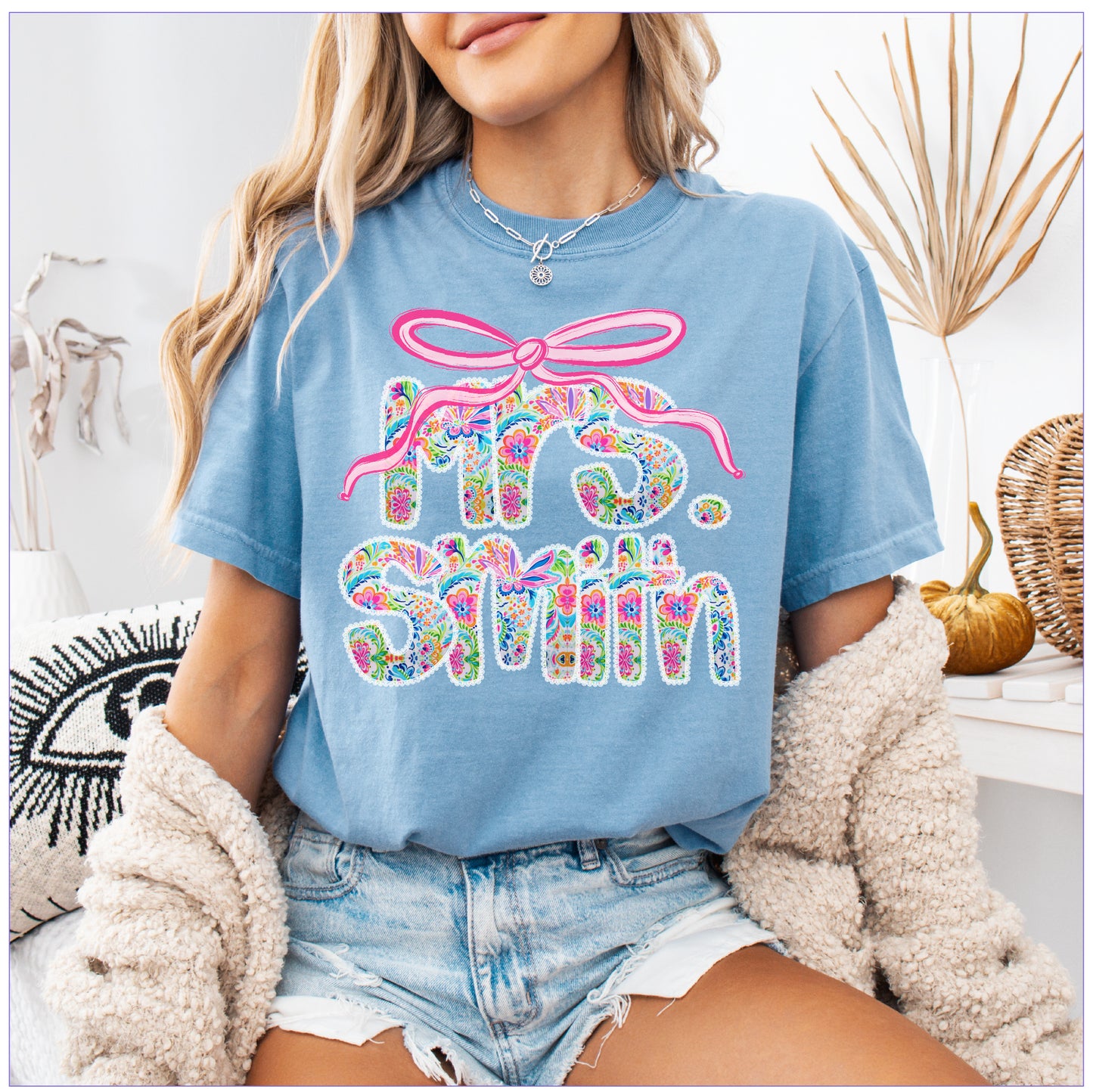 Personalized Preppy Lace Trim Shirt | Bright Preppy Alpha Shirt | Floral Alphabet | Custom Teacher Name Shirt | Summer Design | Cheer Mom Tee