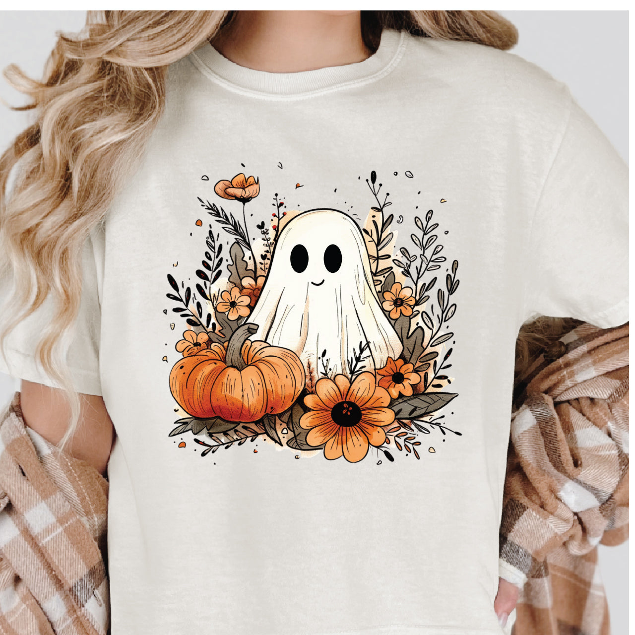 Cute Fall Ghost and Floral Pumpkin Graphic T-shirt