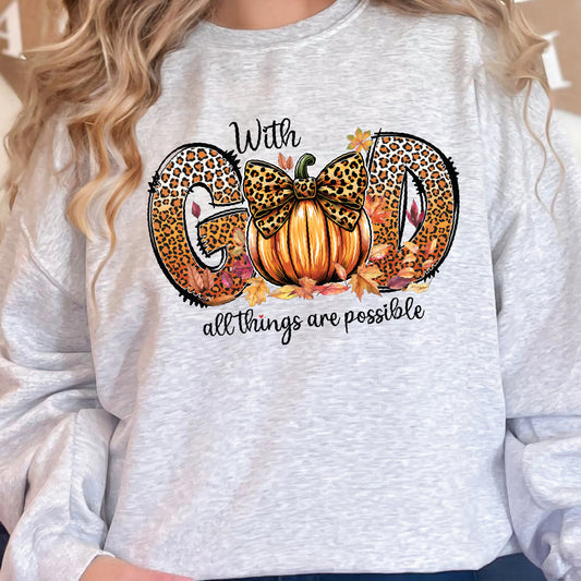 With God All Things Are Possible Leopard Pumpkin Graphic T-shirt