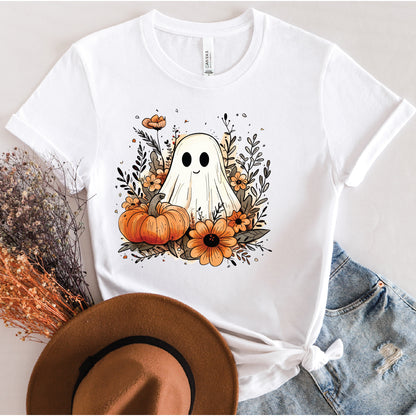 Cute Fall Ghost and Floral Pumpkin Graphic T-shirt