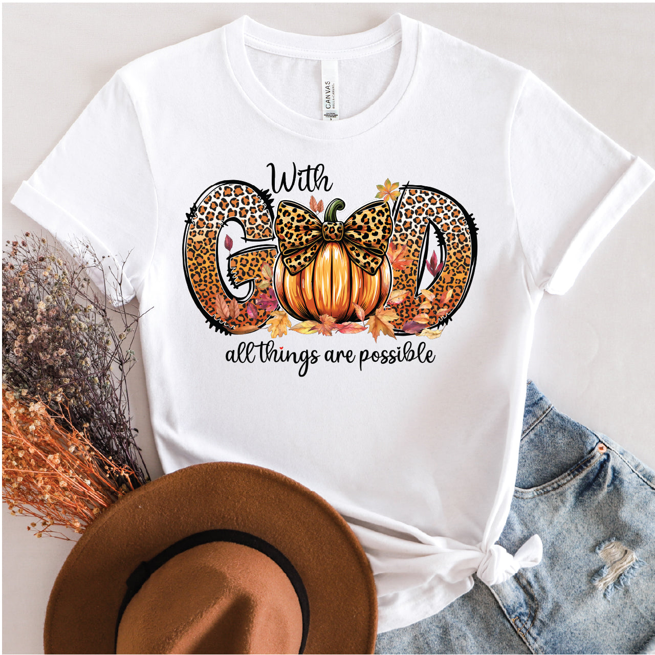 With God All Things Are Possible Leopard Pumpkin Graphic T-shirt