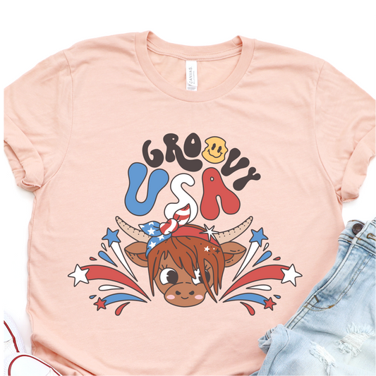 Groovy USA - Cute Cow - 4th of July Graphic Tshirt -  Independence Day Shirt