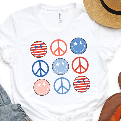 Retro Smiley Faces and Peace Signs - Red White and Blue - 4th of July Graphic Tshirt -  Independence Day Shirt