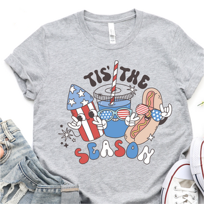 Tis The Season - Cute Hot Dog and Fireworks - 4th of July Graphic Tshirt -  Independence Day Shirt