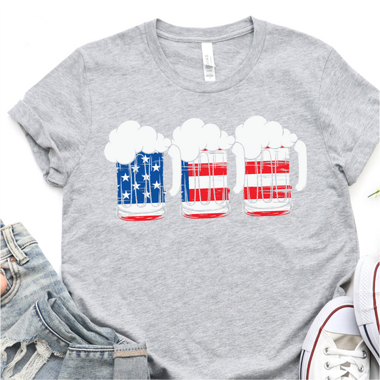 American Flag Beer Mugs - Red White and Blue - 4th of July Graphic Tshirt -  Independence Day Shirt