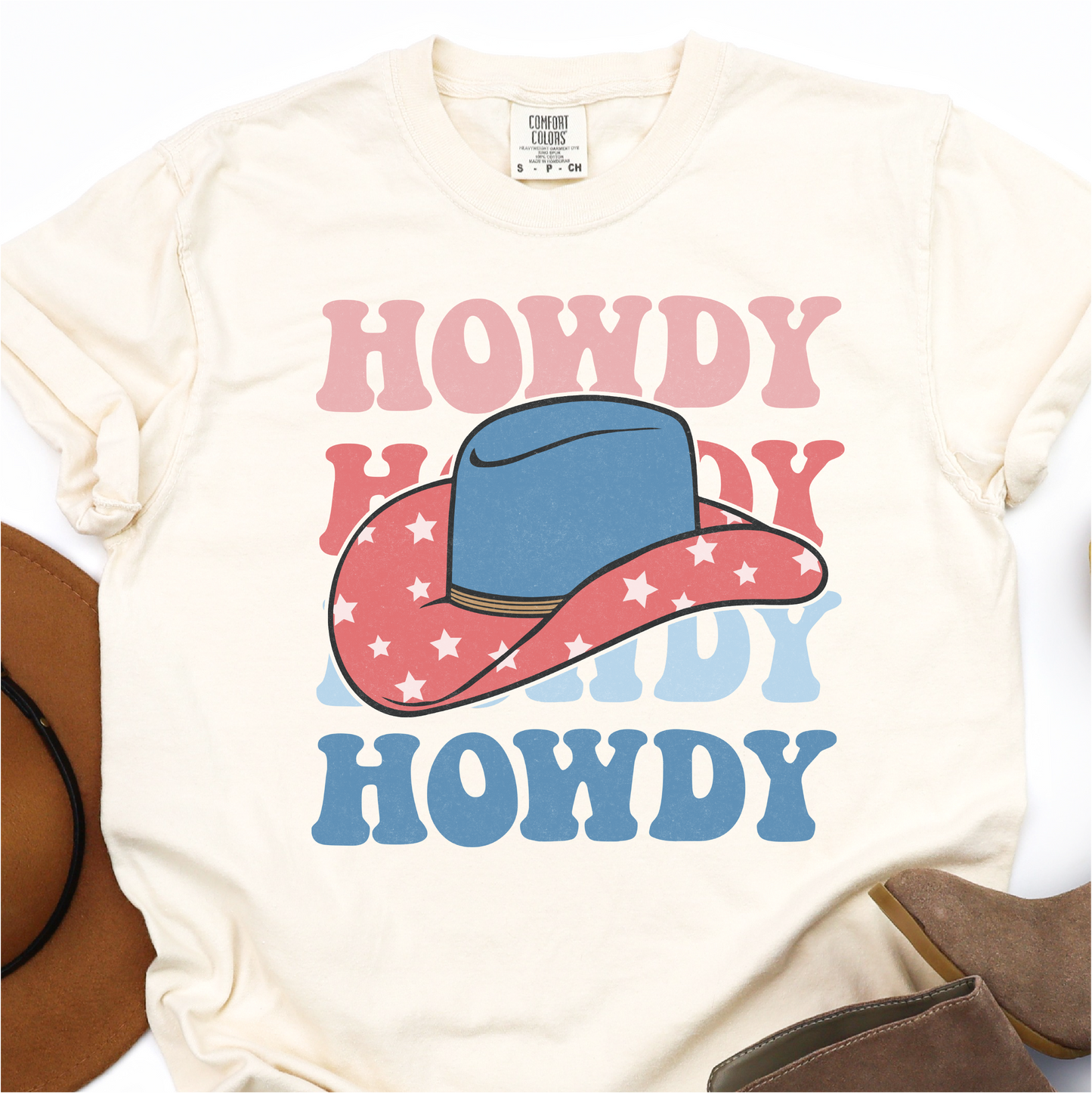 Howdy Howdy Howdy - Red, Blue and Stars Cowboy Hat -  4th of July Graphic Tshirt -  Independence Day Shirt